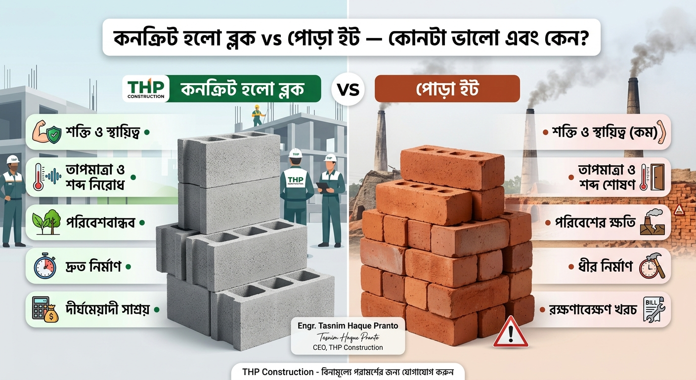 কনক্রিট হলো ব্লক vs পোড়া ইট — কোনটা ভালো এবং কেন?